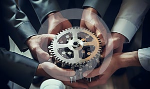 Business People holding Gears and Teamwork Concept, Business team connect pieces of gears. Teamwork, partnership and integration c