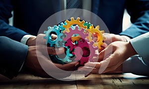 Business People holding Gears and Teamwork Concept, Business team connect pieces of gears. Teamwork, partnership and integration c