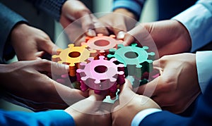 Business People holding Gears and Teamwork Concept, Business team connect pieces of gears. Teamwork, partnership and integration c