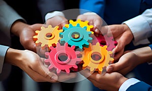 Business People holding Gears and Teamwork Concept, Business team connect pieces of gears. Teamwork, partnership and integration c