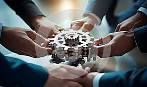 Business People holding Gears and Teamwork Concept, Business team connect pieces of gears. Teamwork, partnership and integration c