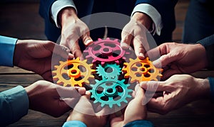 Business People holding Gears and Teamwork Concept, Business team connect pieces of gears. Teamwork, partnership and integration c