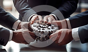 Business People holding Gears and Teamwork Concept, Business team connect pieces of gears. Teamwork, partnership and integration c