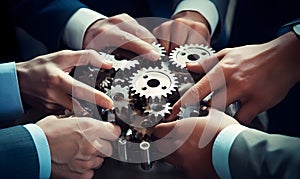 Business People holding Gears and Teamwork Concept, Business team connect pieces of gears. Teamwork, partnership and integration c