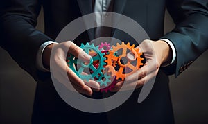 Business People holding Gears and Teamwork Concept, Business team connect pieces of gears. Teamwork, partnership and integration c