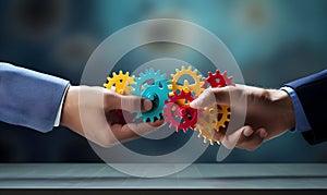 Business People holding Gears and Teamwork Concept, Business team connect pieces of gears. Teamwork, partnership and integration c