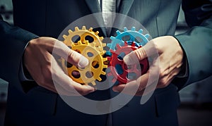 Business People holding Gears and Teamwork Concept, Business team connect pieces of gears. Teamwork, partnership and integration c