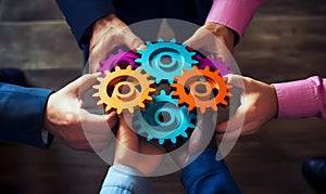 Business People holding Gears and Teamwork Concept, Business team connect pieces of gears. Teamwork, partnership and integration c