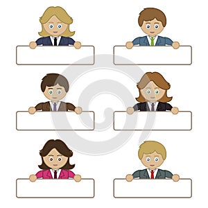 Business people holding name tags