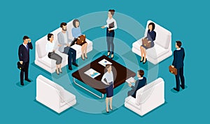 Business people isometric set of men and women in corporate attire meeting, brainstorming isolated on a blue background vector