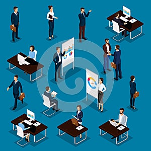 Business people isometric set of men and women in the office business suits isolated on a blue background. Vector illustration