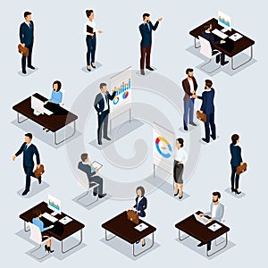 Business people isometric set of men and women in the office business suits isolated on a gray background. Vector illustration