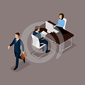 Business people isometric set of women with men, chat, an interview in an office isolated against a dark background vector