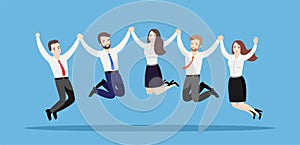 Business people jump together, holding hands. Illustration of a team of happy workers on a blue background.