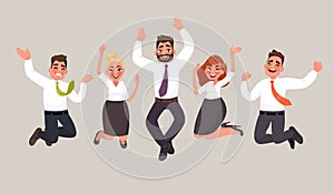 Business people are jumping, celebrating the achievement of victory. Happy office workers