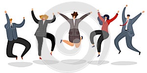 Business people jumping. Excited happy employees jump cartoon motivated team office worker celebrating success winning