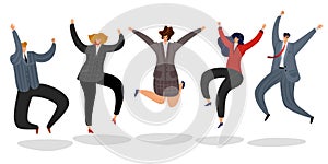 Business people jumping. Excited happy employees jump cartoon motivated team office worker celebrating success winning photo