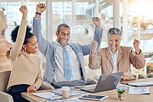 Business people, laptop and teamwork with celebration, goals and success with connection, profit growth and happiness