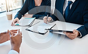 Business people, legal team and contract sign meeting, lawyer consulting and documents planning in office. Closeup hands