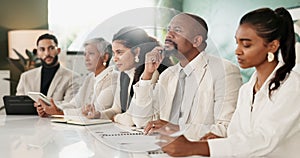 Business, people and listening in office meeting for financial company performance review and growth or project updates