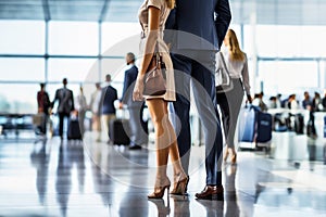 Business people with luggage standing in line at the airport and waiting their turn to go to the check-in counter or boarding gate