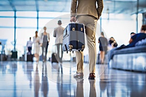 Business people with luggage standing in line at the airport and waiting their turn to go to the check-in counter or boarding gate