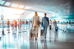 Business people with luggage standing in line at the airport and waiting their turn to go to the check-in counter or boarding gate