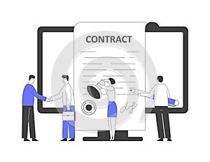 Business People Make a Deal Agreement, Shaking Hands, Checking and Signing Contract. Characters Standing at Pc Screen