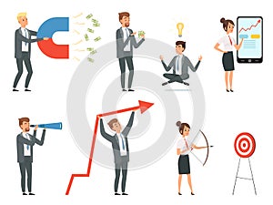 Business people. Managers male and female with tools making deals on their workspaces vector concept characters at work