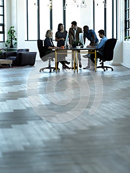 Business people, meeting and collaboration in corporate office, boardroom or conference table in team strategy. Group of