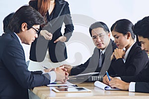 Business people meeting conference, Business team leader listening staff in team discuss business plan in meeting room