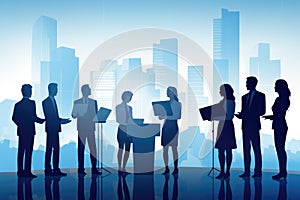 Business People Meeting Discussion Cityscape Silhouette Background Vector Illustration, Business team standing and speaking, AI