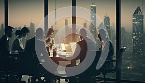 Business People Meeting Discussion Working Office Concept. Double exposure, toned