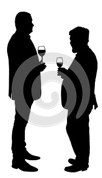Business people meeting and drinking wine vector silhouette isolated on white. Friends toasting, break relaxation after work.