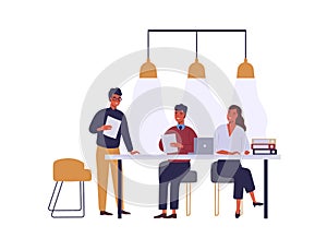 Business people meeting flat vector illustration. Coworkers cartoon characters discussion in conference room. Business