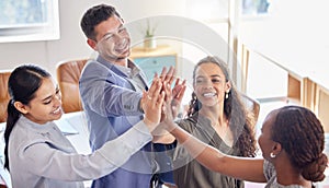 Business people, meeting and high five for teamwork, agreement or collaboration in unity at the office. Happy group of