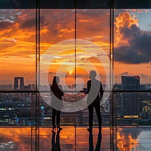 Business people meeting outdoor and sunset background
