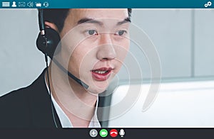 Business people meeting in video conference app on laptop monitor view