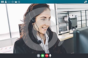 Business people meeting in video conference app on laptop monitor view