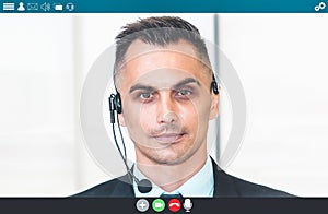 Business people meeting in video conference app on laptop monitor view