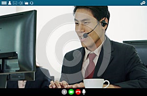 Business people meeting in video conference app on laptop monitor view