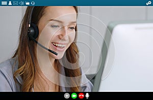 Business people meeting in video conference app on laptop monitor view