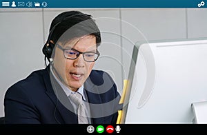 Business people meeting in video conference app on laptop monitor view