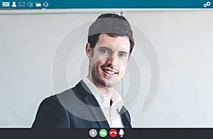 Business people meeting in video conference app on laptop monitor view