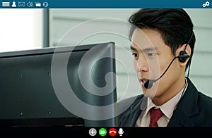 Business people meeting in video conference app on laptop monitor view