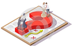 Business people moving chess pieces on question mark. Negotiation strategy and tactics, vector isometric illustration.
