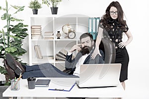 Business people and office staff. Sexy secretary personal assistant. Typical office life. Man bearded hipster boss sit