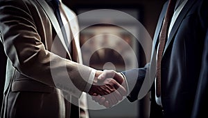 Business people in office suits standing and shaking hands, close-up. Business communication concept