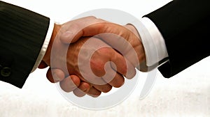 Business people in office suits standing and shaking hands, close-up. Business communication concept. only the hands to