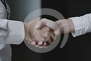 Business people in office suits standing and shaking hands, close-up. Business communication concept. Neural network AI